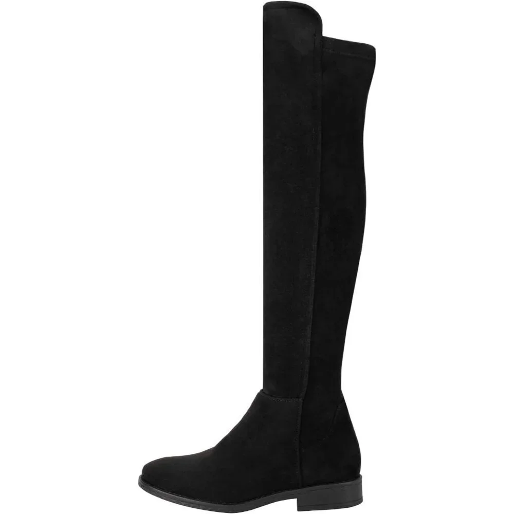 Women Black Suede Thigh High Over The Knee Flat Low Heel Long Round Toe Boots